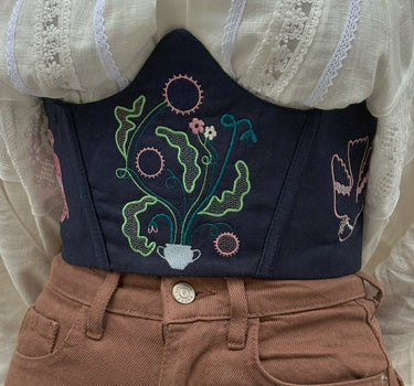 Жіночий корсет з вишивкою "Птахи" синій | Hrushenka